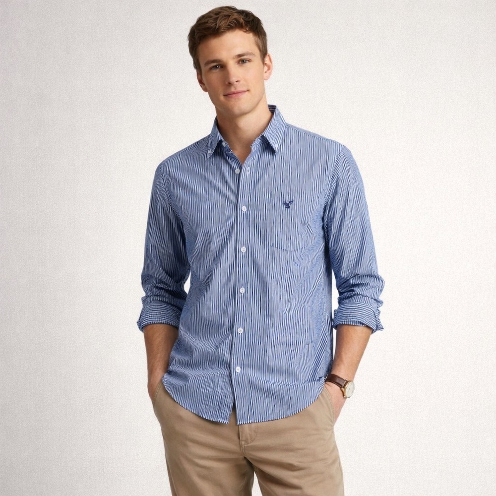 American Eagle Vintage Fit Mens Blue Striped Button Down Shirt Nautical Preppy